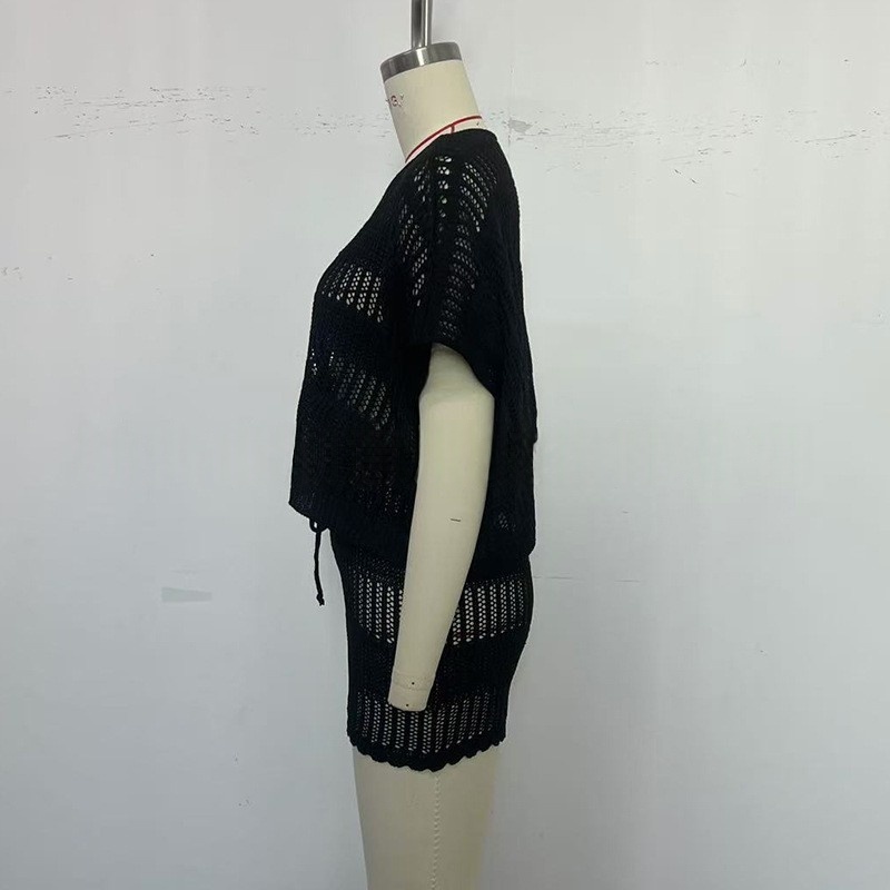 Женская вязание крючком вязать из двух частей Beach Cover Up Короткий рукав Топ с шортами